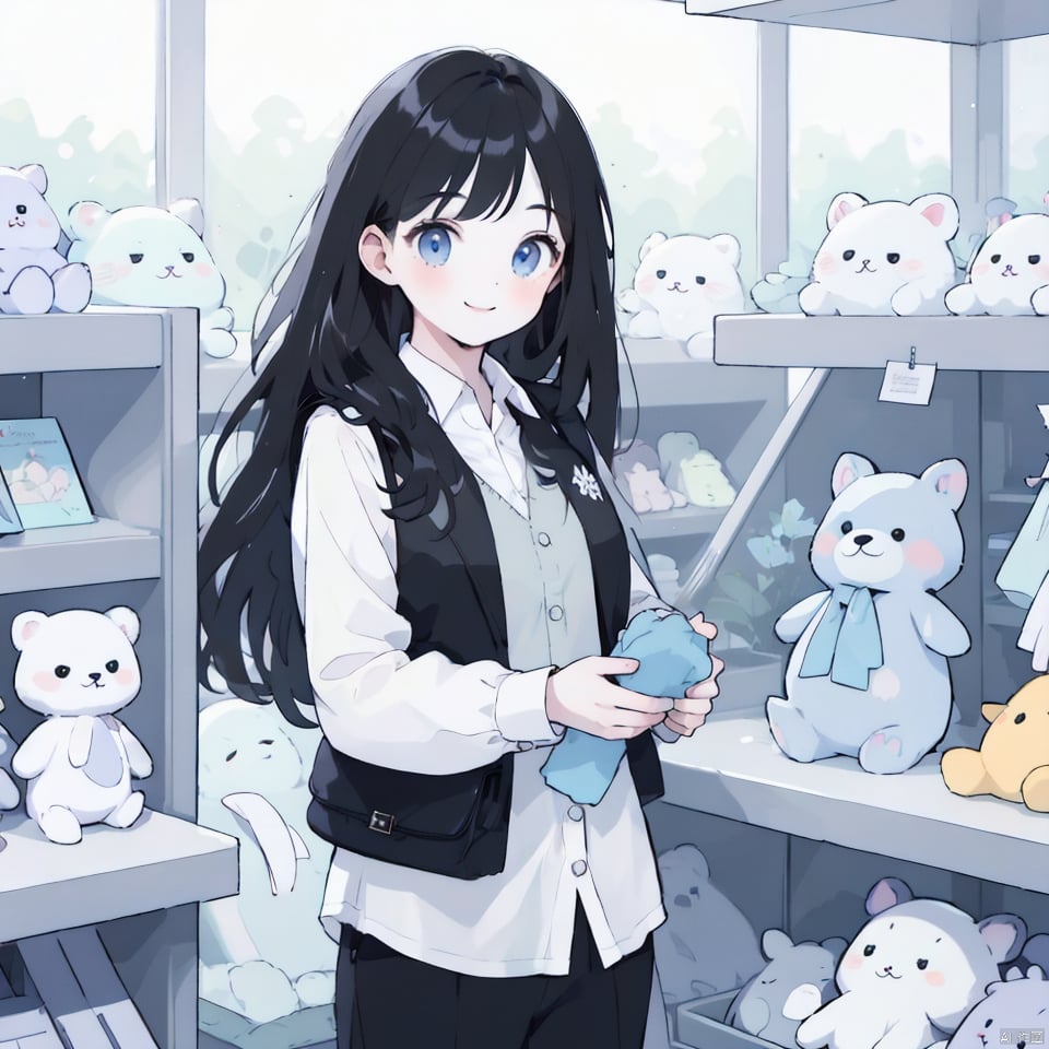 1girl, solo, long hair, smile, shirt, black hair, long sleeves, standing, white shirt, cowboy shot, collared shirt, indoors, bag, vest, stuffed toy, stuffed animal, black vest, shelf, shop