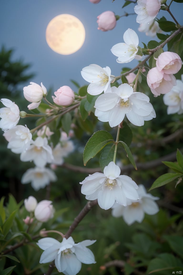 ahj, no humans, flower, night, blue flower, water drop, blurry, pink flower, moon, plant, hydrangea, night sky, outdoors, leaf, depth of field, sky,
