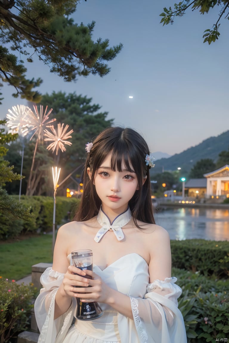  1girl breathtaking 8k, masterpiece, perfect beautiful chinese girl, upper body, vibrant, vivid, (flowers), chiffon, sheer,award-winning, professional, Among colorful flowers garden, houtufeng, 

 ahj, fireworks, scenery, outdoors,  sky, night, aerial fireworks, night sky