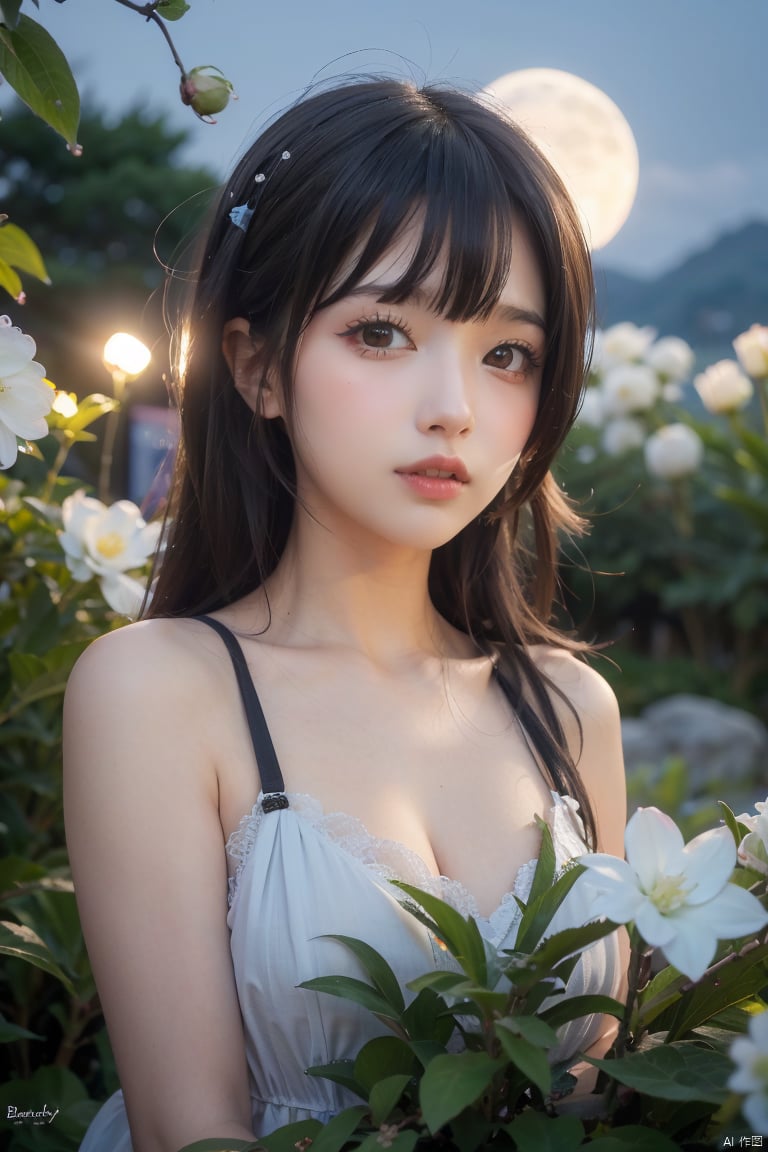 ahj, flower, night, blue flower, water drop, blurry, pink flower, moon, plant, hydrangea, night sky, outdoors, leaf, depth of field, sky,
nightmare blood (idolmaster),
Dark Night, Dim light,
1girl, upper_body, beautyful girl,looking_at_viewer,
Facial close-up