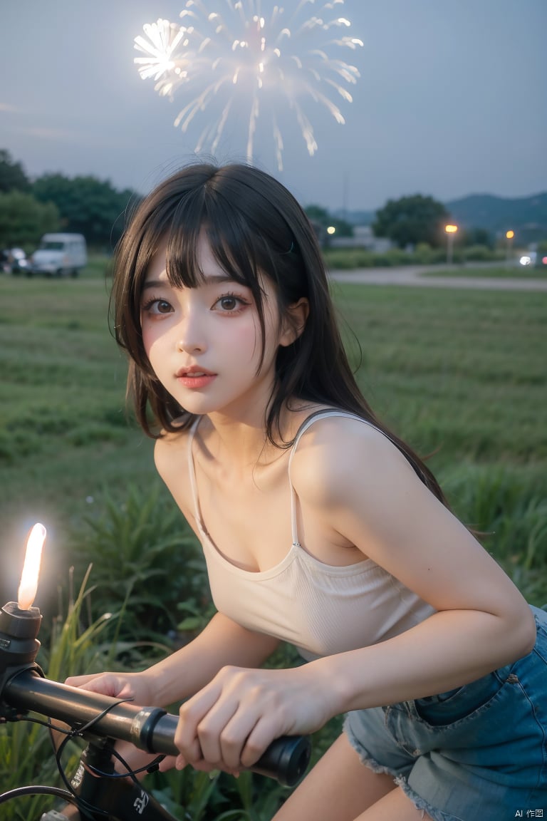 ahj, fireworks, sky, night, scenery, outdoors, night sky, multiple boys, grass, ground vehicle, bicycle, aerial fireworks, sign ,night,
Dark Night, Dim light,
1girl, upper_body, beautyful girl,looking_at_viewer,
Facial close-up