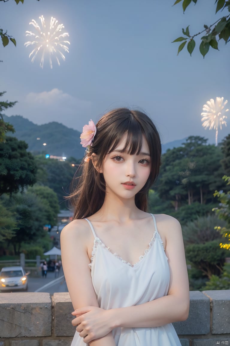  1girl breathtaking 8k, masterpiece, perfect beautiful chinese girl, upper body, vibrant, vivid, (flowers), chiffon, sheer,award-winning, professional, Among colorful flowers garden, houtufeng, 

 ahj, fireworks, scenery, outdoors,  sky, night, aerial fireworks, night sky