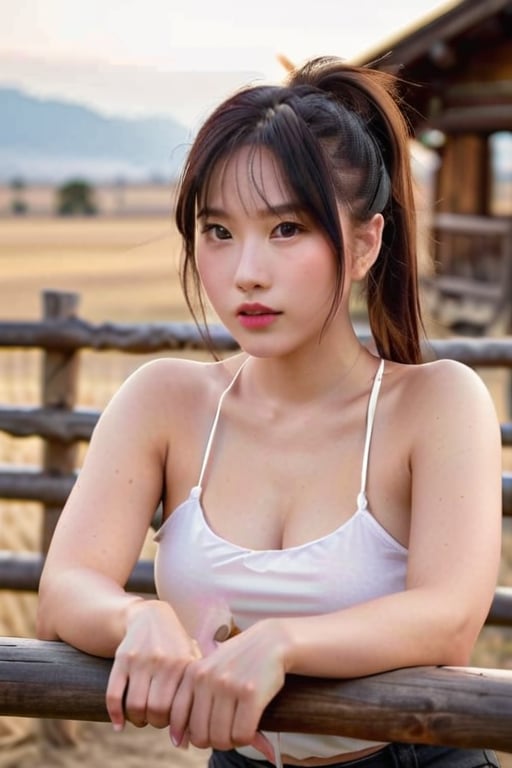 1girl, solo, Generate hyper realistic image of a natural asian beauty, ponytail. Her detailed eyes, lips, she showcases her hourglass body and round, natural asian beauty sitting on a wooden fence at a charming ranch. The scene captures the simplicity and allure of a tranquil day in the countryside.
