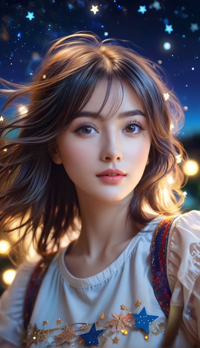 best quality, masterpiece, ultra-detailed, illustration, detailed light, an extremely delicate and beautiful, a girl, beautiful detailed eyes, stars in the eyes, messy floating hair, colored inner hair, Starry sky adorns hair, depth of field,t4ni4