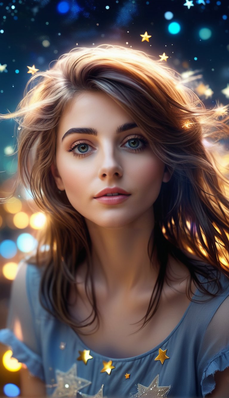 best quality, masterpiece, ultra-detailed, illustration, detailed light, an extremely delicate and beautiful, a girl, beautiful detailed eyes, stars in the eyes, messy floating hair, colored inner hair, Starry sky adorns hair, depth of field,t4ni4
