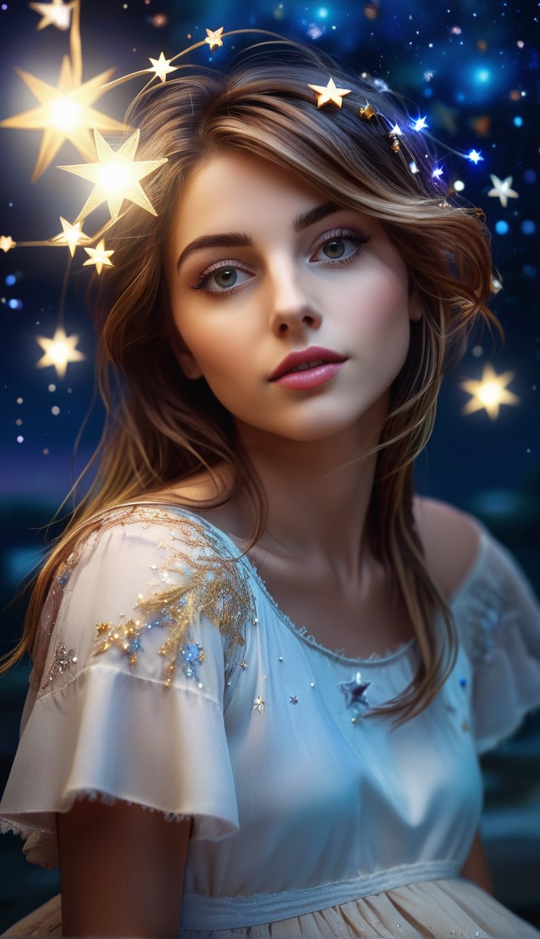 best quality, masterpiece, ultra-detailed, illustration, detailed light, an extremely delicate and beautiful, a girl, beautiful detailed eyes, stars in the eyes, messy floating hair, colored inner hair, Starry sky adorns hair, depth of field,t4ni4