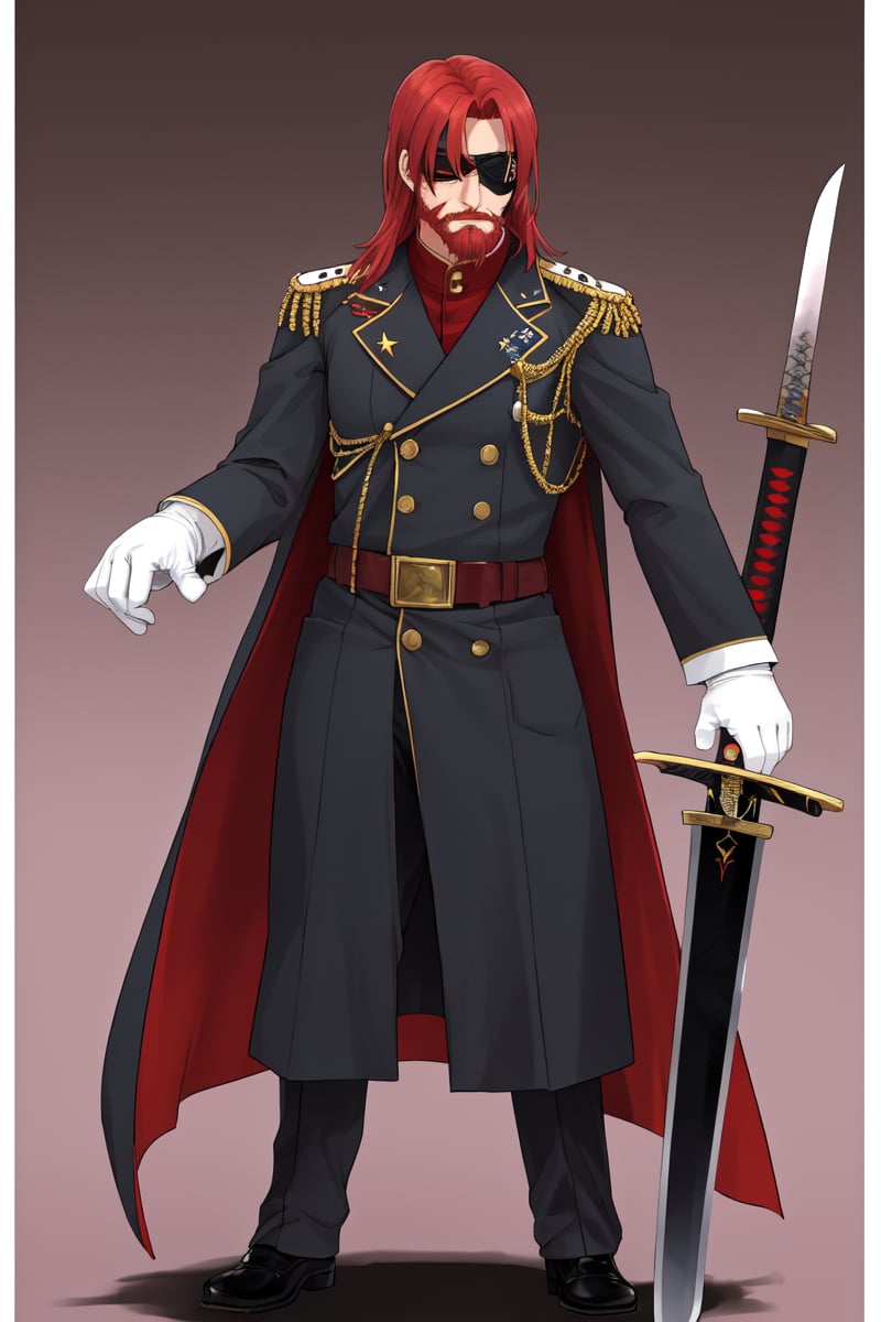 BalthazarCoil, solo, gloves, 1boy, full body, looking at view, weapon, male focus, red hair, hedium hair.  sword, white gloves, uniform, military, military uniform, facial hair, eyepatch, beard, mustache

