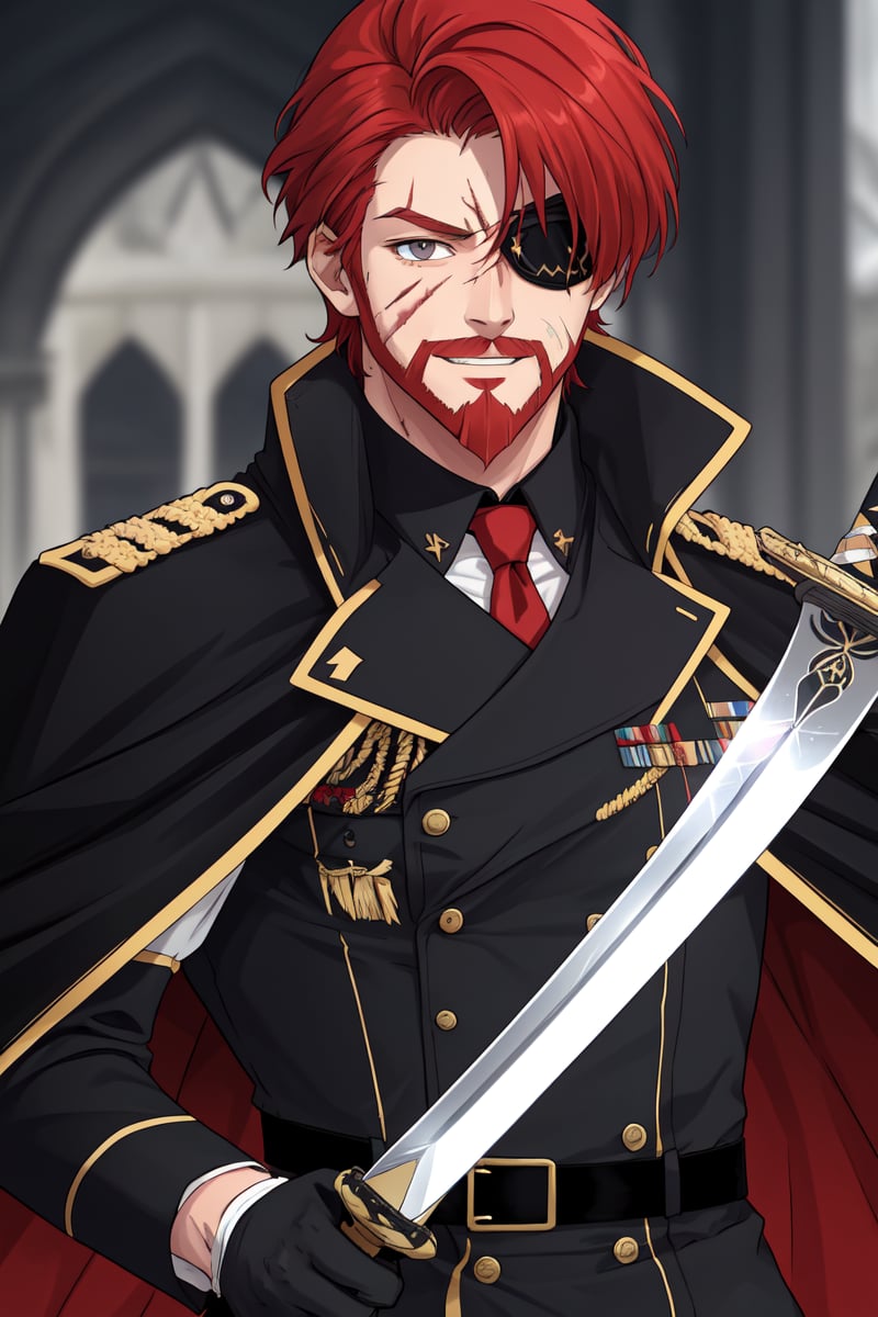 BalthazarCoil, solo, looking at viewer, smile, shirt, gloves, long sleeves, 1boy, holding, jacket, upper body, weapon, male focus, red hair, necktie, sword, white gloves, medium hair, cape, holding weapon, blurry, uniform, military, military uniform, blurry background, facial hair, scar, holding sword, eyepatch, beard, scar on face, mature male, scar across eye, black cape

