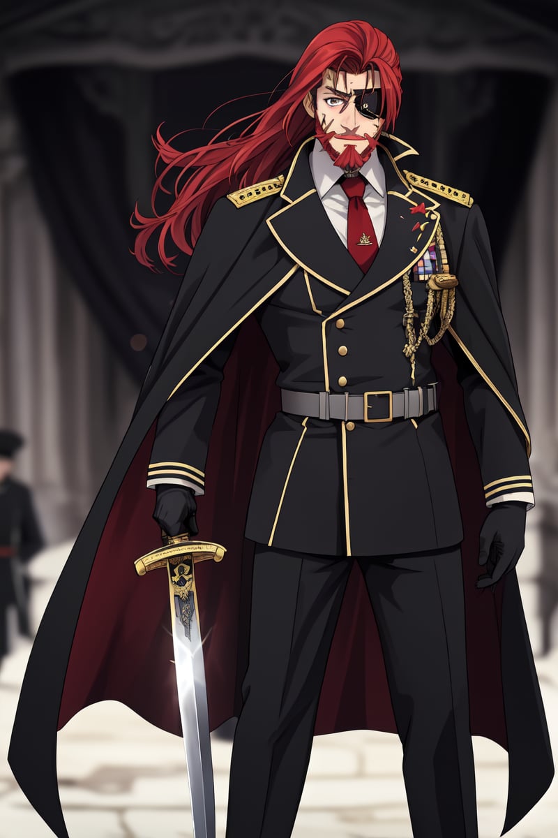 BalthazarCoil, solo, looking at viewer, smile, shirt, gloves, long sleeves, 1boy, holding, jacket, upper body, weapon, male focus, red hair, necktie, sword, white gloves, very long hair, cape, holding weapon, blurry, uniform, military, military uniform, blurry background, facial hair, scar, holding sword, eyepatch, beard, scar on face, mature male, scar across eye, black cape, gloves, full body, looking at view, weapon, mustache