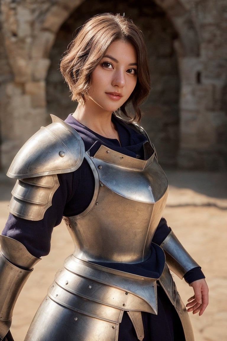 1girl, realistic photo of a 30 years old, (holy knight armor:1.3), (short-hair:1.2), (small breasts:1.1), playful expression, (dynamic pose:1.3), (characters are full of composition, perfect anatomy, flawless face, perfect eyes, expresive eyes, perfect female body, narrow waist, very attractive beauty), (8K, ultra-detailed, masterpiece, best quality, detailed, highly detailed, sharp focus, detailed face, face focus focus, realisitic,Photorealsitic, Highest Detail Face) , (medium shot:1.3), (wide angle), (look at viewer:1.3), look closely at the camera, (natural lighting:1.4), (professional lighting), best shadow, (warm color), (fantasy, medieval, simple background:1.4), (Safe for work:1.3),vonzy