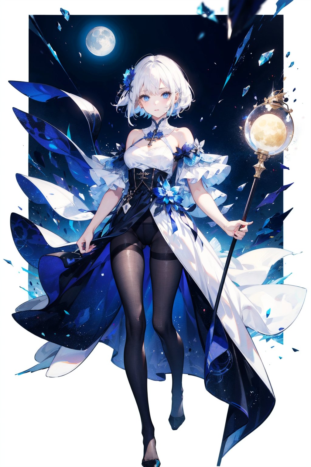 1 girl,starry sky,(White with luster (transparency:1.4) Crotchless pantyhose),moon,Picturesque aesthetic style,Blurred foreground,spark,white hair,blue eyes,no shoes,cross_leg,