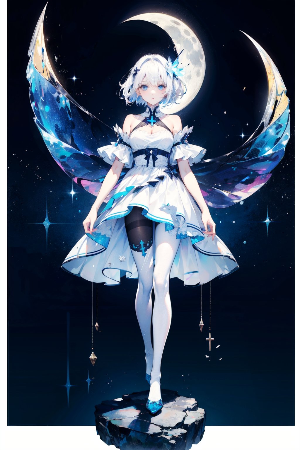 1 girl,starry sky,(White with luster (transparency:1.4) Crotchless pantyhose),moon,Picturesque aesthetic style,Blurred foreground,spark,white hair,blue eyes,no shoes,cross_leg,