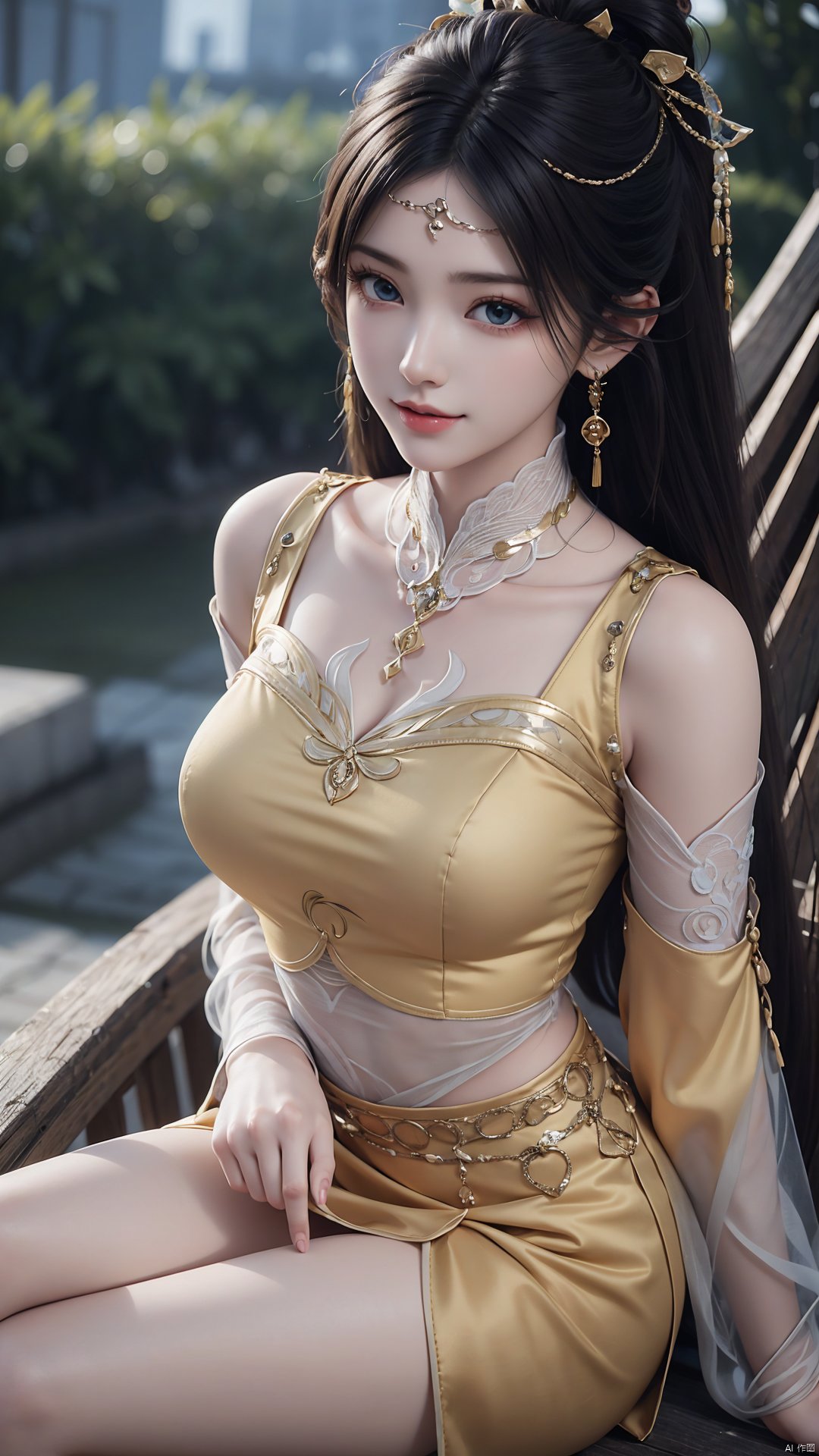  1girl, solo, black hair, earrings, jewelry, hair ornament, long hair, dress, chinese clothes, realistic, sitting, crossed legs, mischevious smile, perfect body, scenery, sharp focus, best quality, masterpiece, detailed outfit, illustration, perfect eyes, finely detailed beautiful anime eyes, realistic skin, intricate details, best lighting, depth of field, ultra high resolution,cowboy_shot, dynamic pose, dynamic angle,