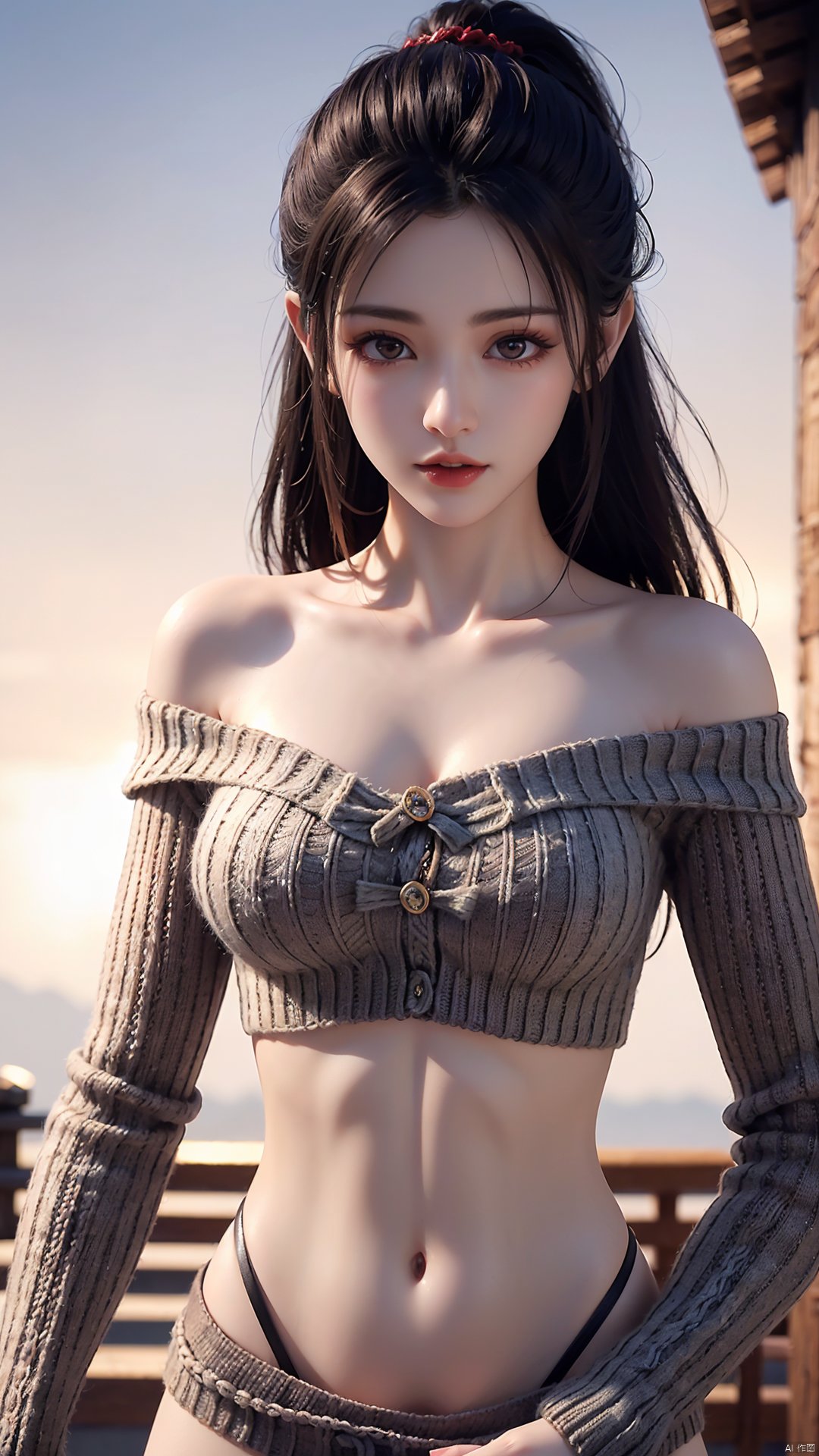  (best qualtiy,8K,tmasterpiece:1.3),(sharp focus:1.2),(one-girl:1.2),(perfect body figure:1.4),(Slim abs:1.1),(Off-the-shoulder knitwear:1.4),exteriors,rays of sunshine,Fine face,beautidful eyes,Straight legs。