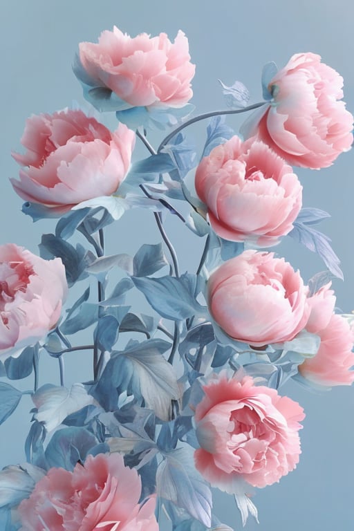 flower, peony,chinese peony, in the style of light pink and light azure, dreamy and romantic compositions, light azure and amber, ethereal foliage, playful arrangements,light blue leaves,