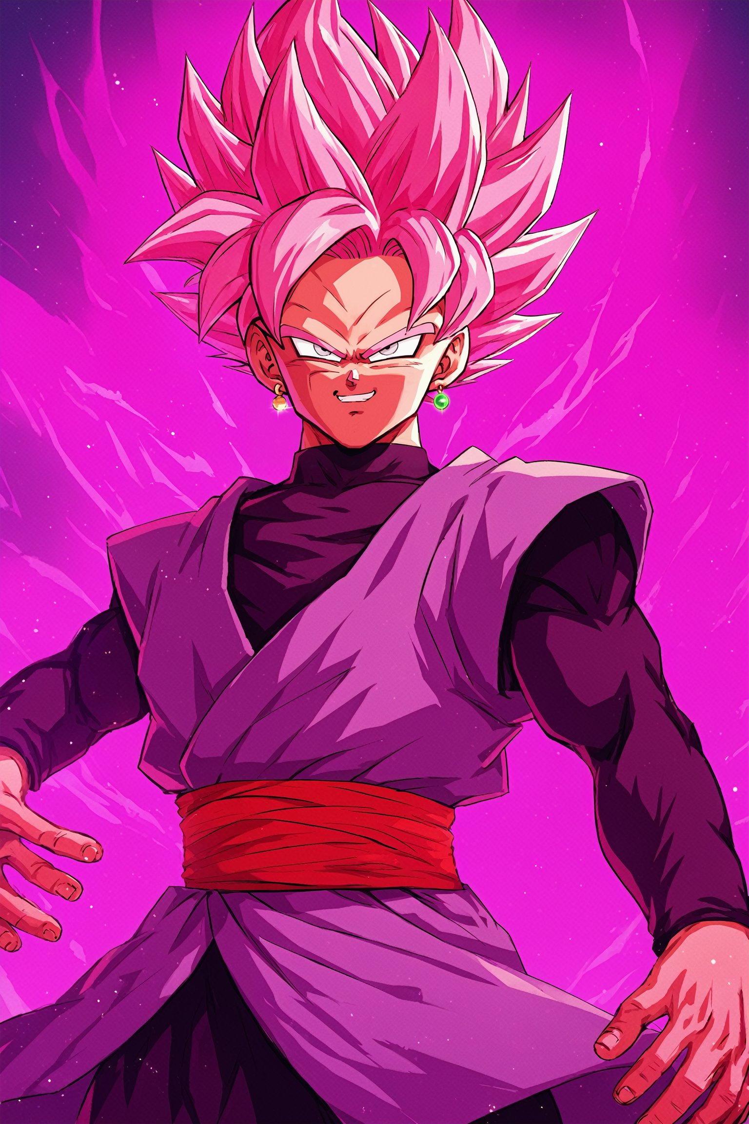 score_9, score_8_up, score_7_up, score_6_up, score_5_up, score_4_up, rosev3, spiked hair, pink hair, grey eyes, super saiyan, single earring, Dougi, aura, ki, rating_questionable, source_anime, dragon ball super, solo, male focus 