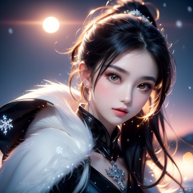 Ultra fine painting. A beautiful girl with a thin face, black eyes, black and white gradient long hair, ponytail, tassels, decoration, wearing a black dress adorned with jewelry, cape, looking at the sky, white wolf packs lying beside her, peaceful. Light: Soft, highlighting snowflakes, scene: A snowy landscape, moonlight, ultra fine