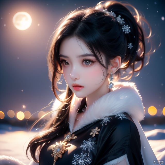 Ultra fine painting. A beautiful girl with a thin face, black eyes, black and white gradient long hair, ponytail, tassels, decoration, wearing a black dress adorned with jewelry, cape, looking at the sky, white wolf packs lying beside her, peaceful. Light: Soft, highlighting snowflakes, scene: A snowy landscape, moonlight, ultra fine