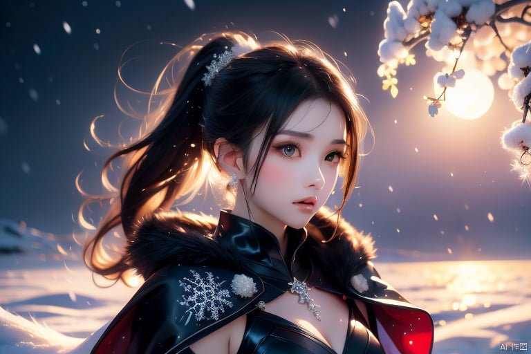 Ultra fine painting. A beautiful girl with a thin face, black eyes, black and white gradient long hair, ponytail, tassels, decoration, wearing a black dress adorned with jewelry, cape, looking at the sky, white wolf packs lying beside her, peaceful. Light: Soft, highlighting snowflakes, scene: A snowy landscape, moonlight, ultra fine