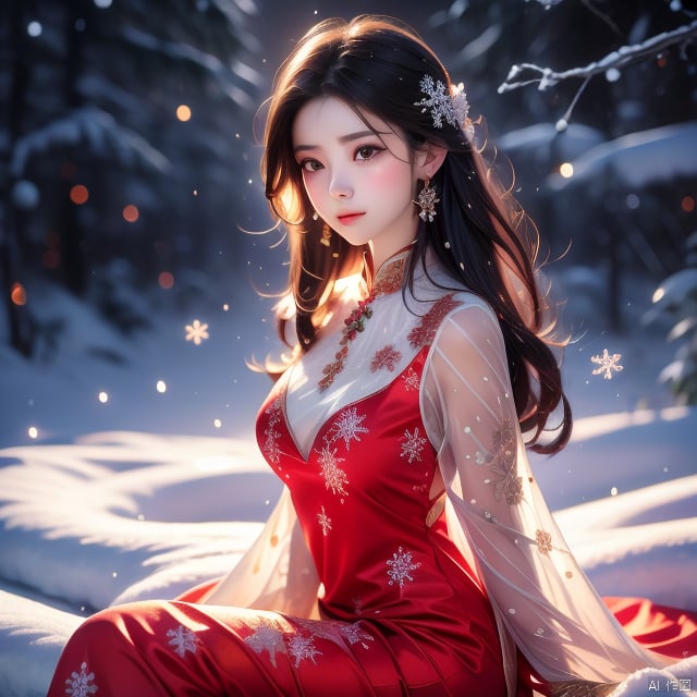  Medium: Ultra-fine painting. Subject: A young woman in a  red,dress adorned with jade jewelry,sitting gracefully. Emotion: Tranquil. Lighting: Soft,highlighting the snowflakes. Scene: A snowy landscape with delicate snowflakes falling around her and the loong. Style: Ultra-detailed realism with a colorful palette., hair, girl