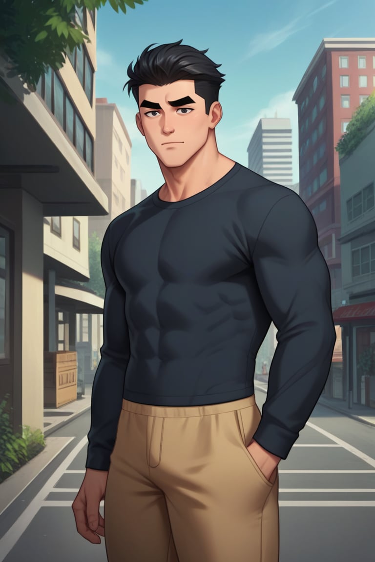 Rating_safe, Score_9, score_8_up, score_7_up, score_6_up, score_5_up, score_4_up,  1boy,  m@ark, short hairm black hair, dark blue shirt. muscular, long sleeves, Khaki Pants, looking at viewer, thick eyebrows, outdoors, city, cowboy shot, 