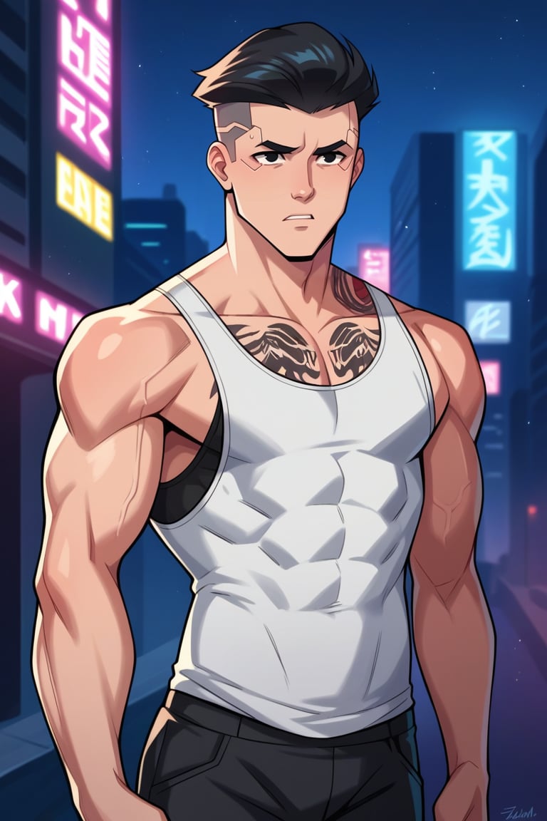 Rating_safe, Score_9, score_8_up, score_7_up, score_6_up, score_5_up, score_4_up,  1boy,  m@rk, short hair, black hair, black eyes, (muscular), BREAK, cyberpunk, futuristic city,  night time, neon lights, tank top, tattoo, baggy pants, 