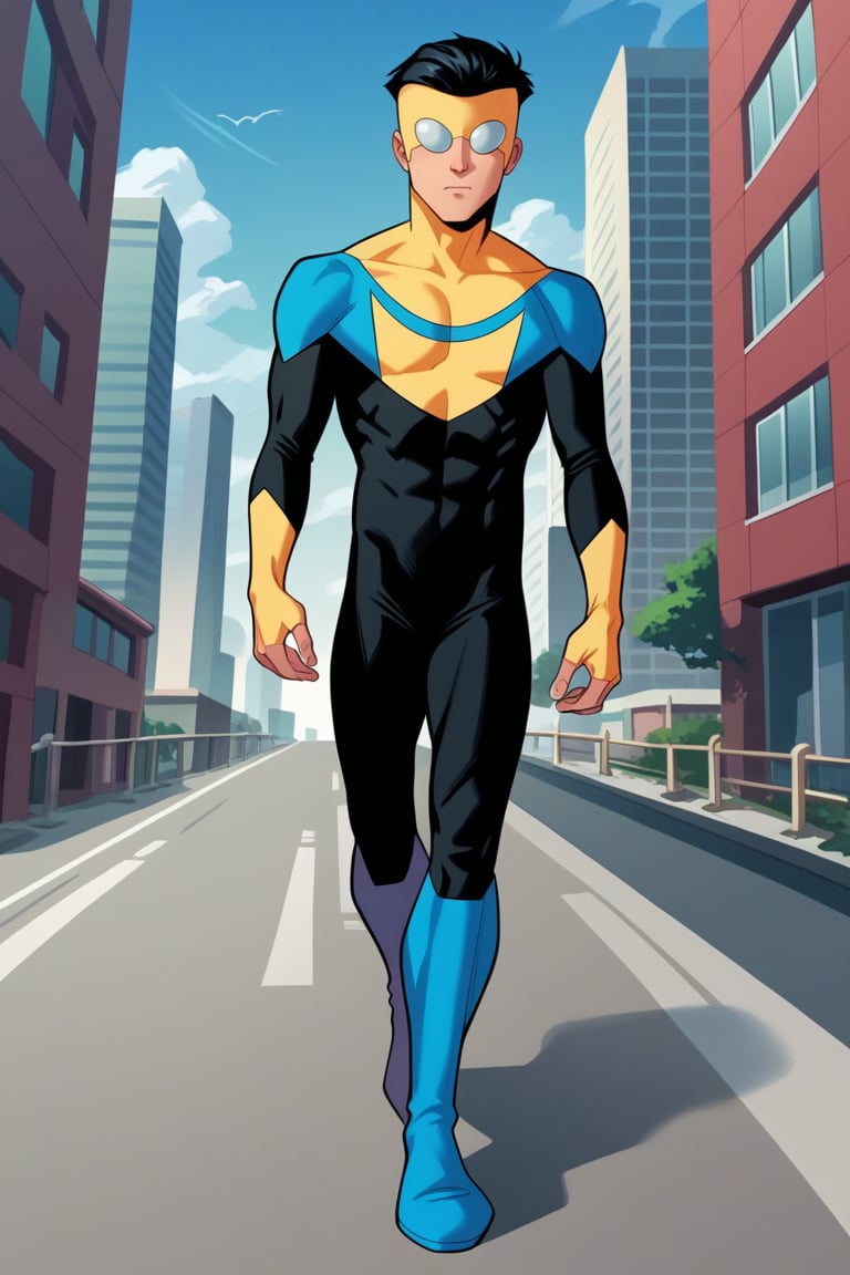 Rating_safe, Score_9, score_8_up, score_7_up, score_6_up, score_5_up, score_4_up,  1boy,  m@rk, short hair, black hair, BREAK, bodysuit, multicolored bodysuit, superhero, mask, blue boots, outdoors, city,  full body, dutch angle, Walking towards the viewrr, city.