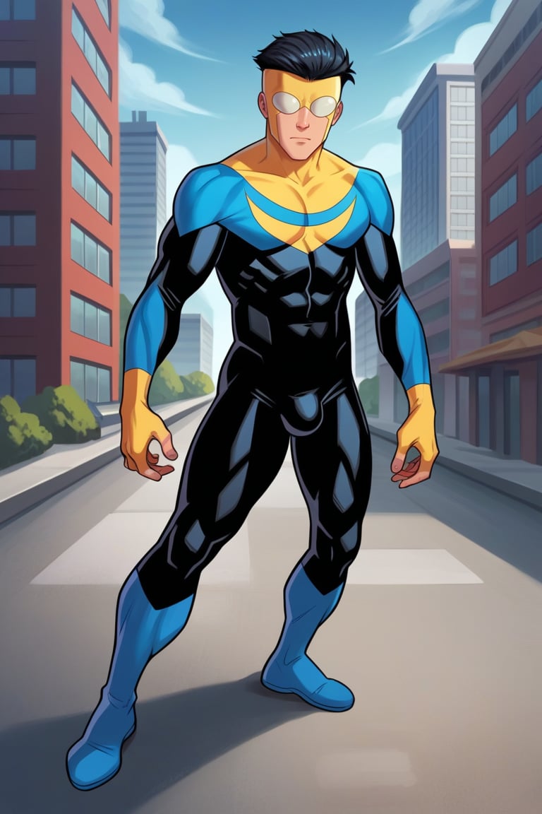 Rating_safe, Score_9, score_8_up, score_7_up, score_6_up, score_5_up, score_4_up,  1boy, m@ark, muscular, short hair, black hair, BREAK, bodysuit, multicolored bodysuit, superhero, mask, blue boots, outdoors, city,  full body, big bulge