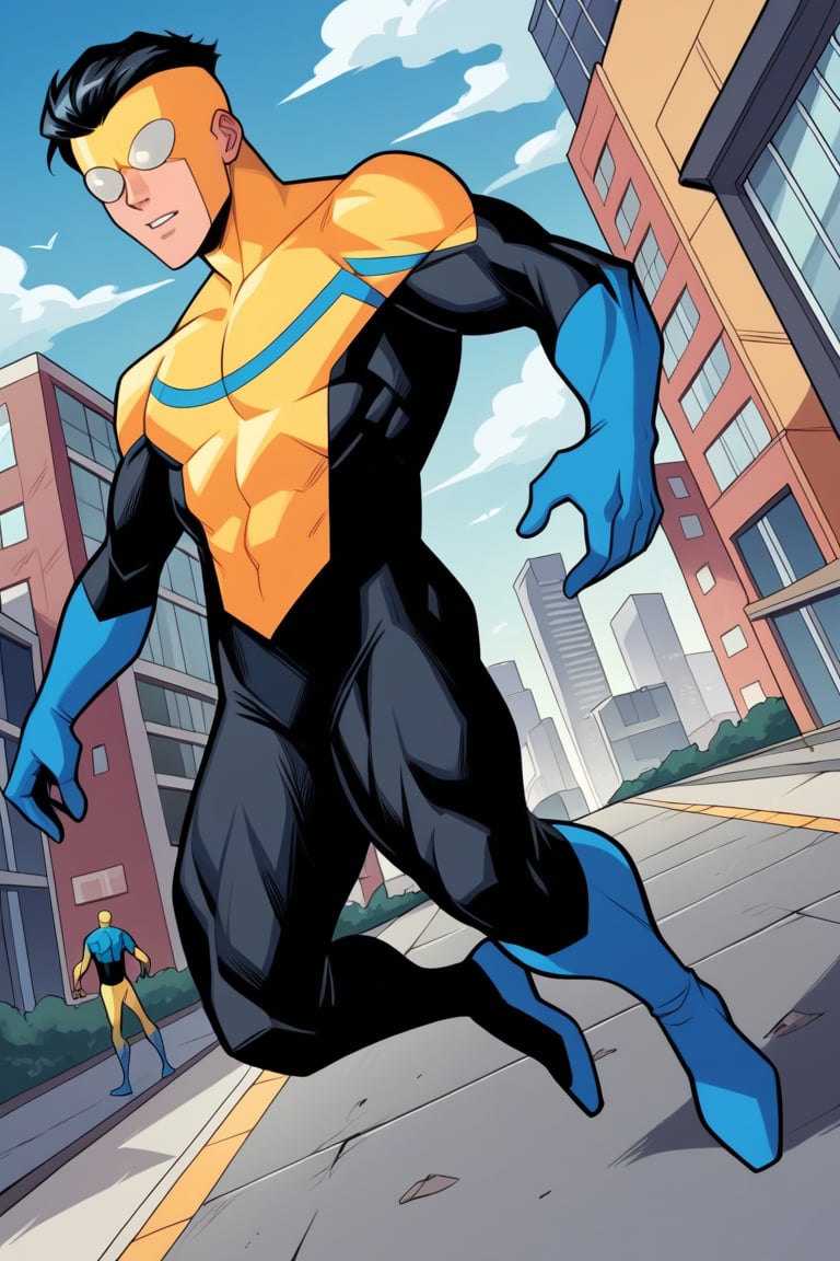 Rating_safe, Score_9, score_8_up, score_7_up, score_6_up, score_5_up, score_4_up,  1boy,  m@rk, short hair, black hair, comic style, (muscular), BREAK, bodysuit, multicolored bodysuit, skin tight, superhero, mask, blue boots, outdoors, city,  full body, dutch angle, city, superhero pose.