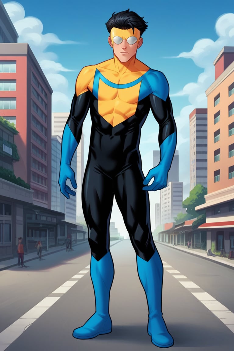 Rating_safe, Score_9, score_8_up, score_7_up, score_6_up, score_5_up, score_4_up,  1boy, m@ark, muscular, short hair, black hair, BREAK, bodysuit, multicolored bodysuit, superhero, mask, blue boots, outdoors, city,  full body, 