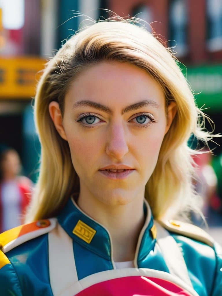 close up, Vjvx as (android 18), urban interstellar photo , alluring, vjvx strong woman, depth of field, Wes Anderson movie Still,analog film,depth of field,ferrania p30, vlzblnc outfit,vlzblnc