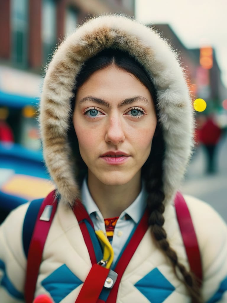 close up, Vjvx as Eskimo girl, urban interstellar photo , alluring, vjvx strong woman, depth of field, Wes Anderson movie Still,analog film,depth of field,ferrania p30, vlzblnc outfit,vlzblnc