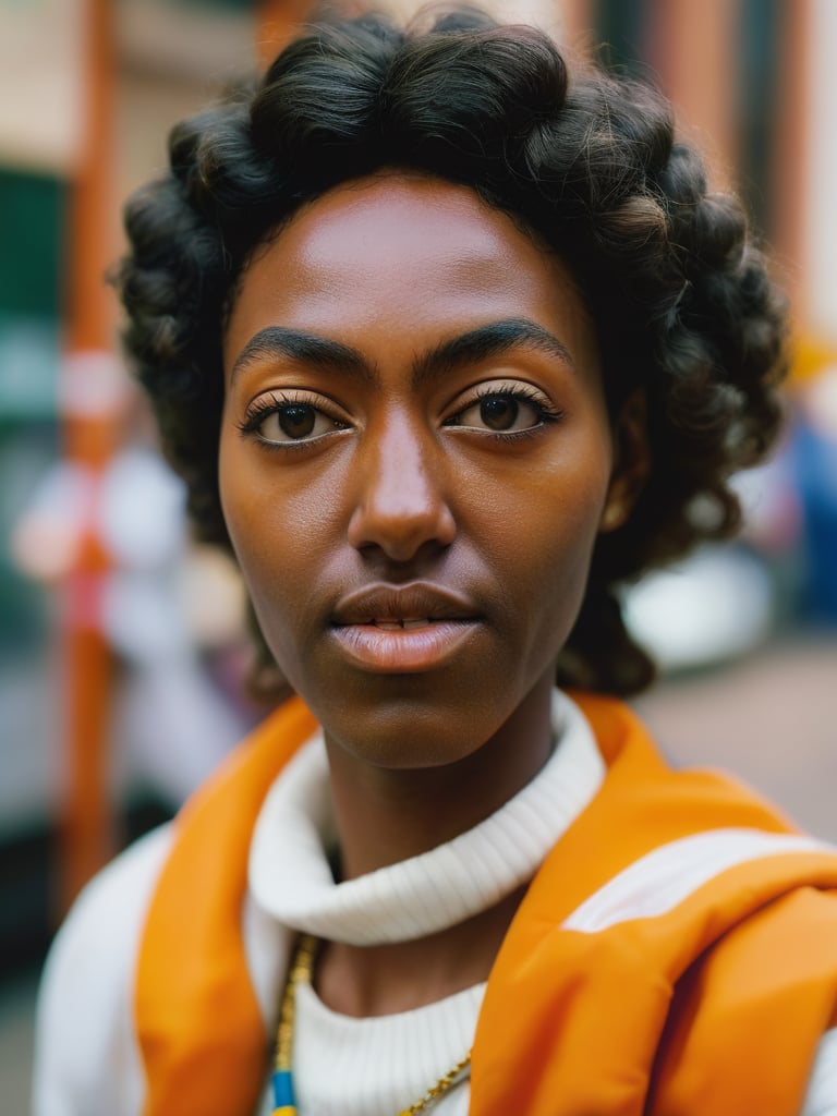 close up, Vjvx as Sudanese girl, urban interstellar photo , alluring, vjvx strong woman, depth of field, Wes Anderson movie Still,analog film,depth of field,ferrania p30, vlzblnc outfit,vlzblnc