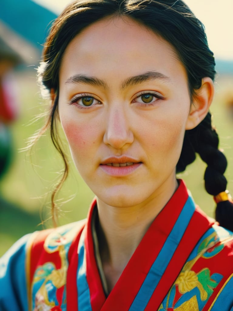 close up, Vjvx as mongolian girl, typical photo , alluring, vjvx strong woman, depth of field, Steven Spielberg movie Still, analog film, depth of field, ferrania p30, vlzblnc outfit