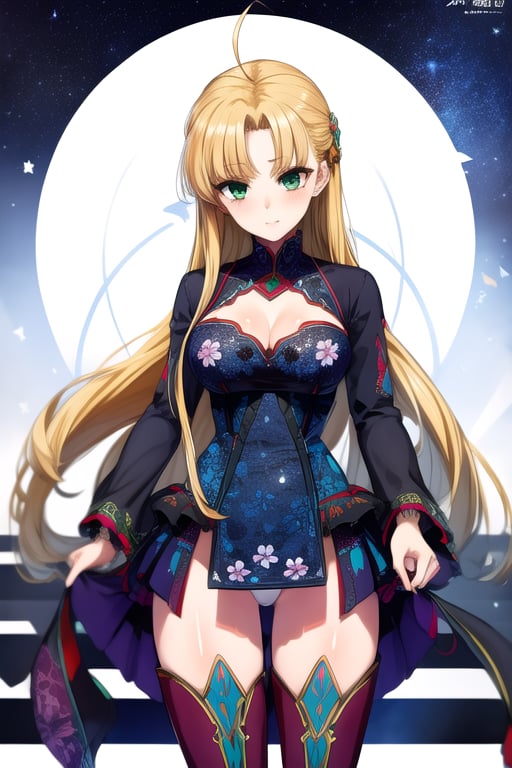 solar dress, boots,1girl, breasts, solo, long hair, green eyes, ahoge, blonde hair, blunt bangs, parted bangs, <lora:asia_argento-10:1>, BREAK(masterpiece, best quality, ultra detailed, intricate details:1.2), beautiful detailed eyes, solo,  <lora:more_details:0.4>  