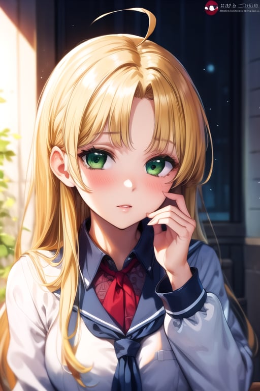 school uniform, 1girl, breasts, solo, long hair, green eyes, ahoge, blonde hair, blunt bangs, parted bangs, <lora:asia_argento-10:1>, BREAK(masterpiece, best quality, ultra detailed, intricate details:1.2), beautiful detailed eyes, solo,  <lora:more_details:0.4> 