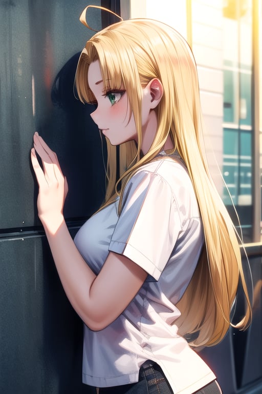 from side, profile, 1girl, breasts, solo, long hair, green eyes, ahoge, blonde hair, blunt bangs, parted bangs, white shirt, pants, <lora:asia_argento-10:1>, BREAK(masterpiece, best quality, ultra detailed, intricate details:1.2), beautiful detailed eyes, solo,  <lora:more_details:0.4> 