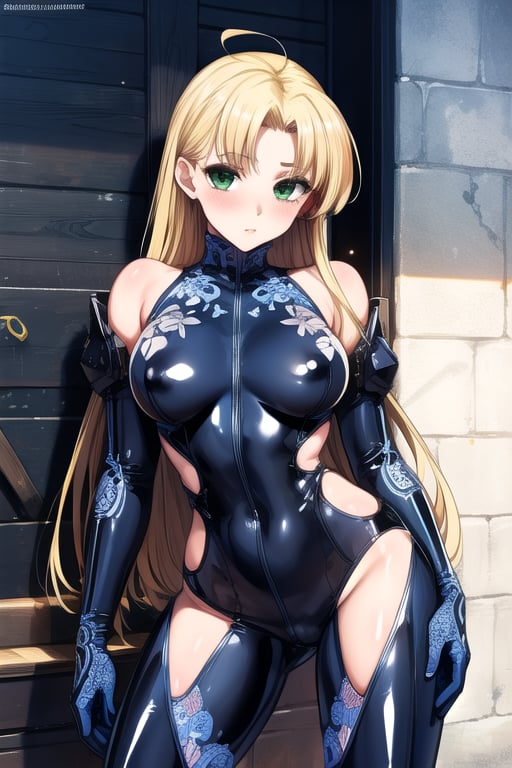 latex bodysuit, boots,1girl, breasts, solo, long hair, green eyes, ahoge, blonde hair, blunt bangs, parted bangs, <lora:asia_argento-10:1>, BREAK(masterpiece, best quality, ultra detailed, intricate details:1.2), beautiful detailed eyes, solo,  <lora:more_details:0.4>  