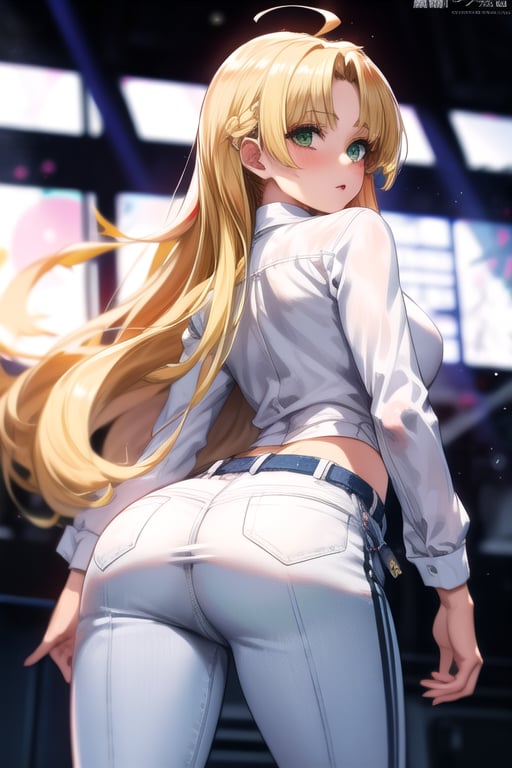 from behind, ass, 1girl, breasts, solo, long hair, green eyes, ahoge, blonde hair, blunt bangs, parted bangs, white shirt, pants, <lora:asia_argento-10:1>, BREAK(masterpiece, best quality, ultra detailed, intricate details:1.2), beautiful detailed eyes, solo,  <lora:more_details:0.4> 