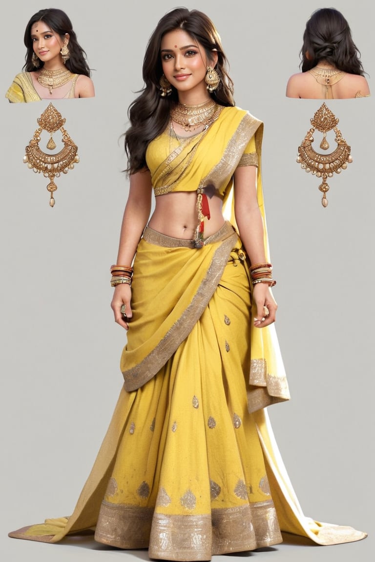 1girl, solo, long hair, Indian traditional_attire, ranfom color attire, head to toe, full body, simple background, hair, black hair, white background, jewelry, ponytail, earrings, midriff, necklace, reference sheet, 