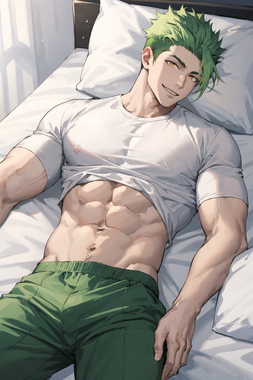 masterpiece, high definition, perfect quality,Vibrant,alone,smiling,1boy,yellow eyes,male focus,male focus,green hair,holding,lying on a bed,no shirt,in boxers,green boxers,focus on abs,focus on pecs,good quality,perfect proportions,perfect hands,beautiful,beautiful,8k,beautiful eyes,perfect pupils,perfect pupil,1guy,anime,achilles,fgo