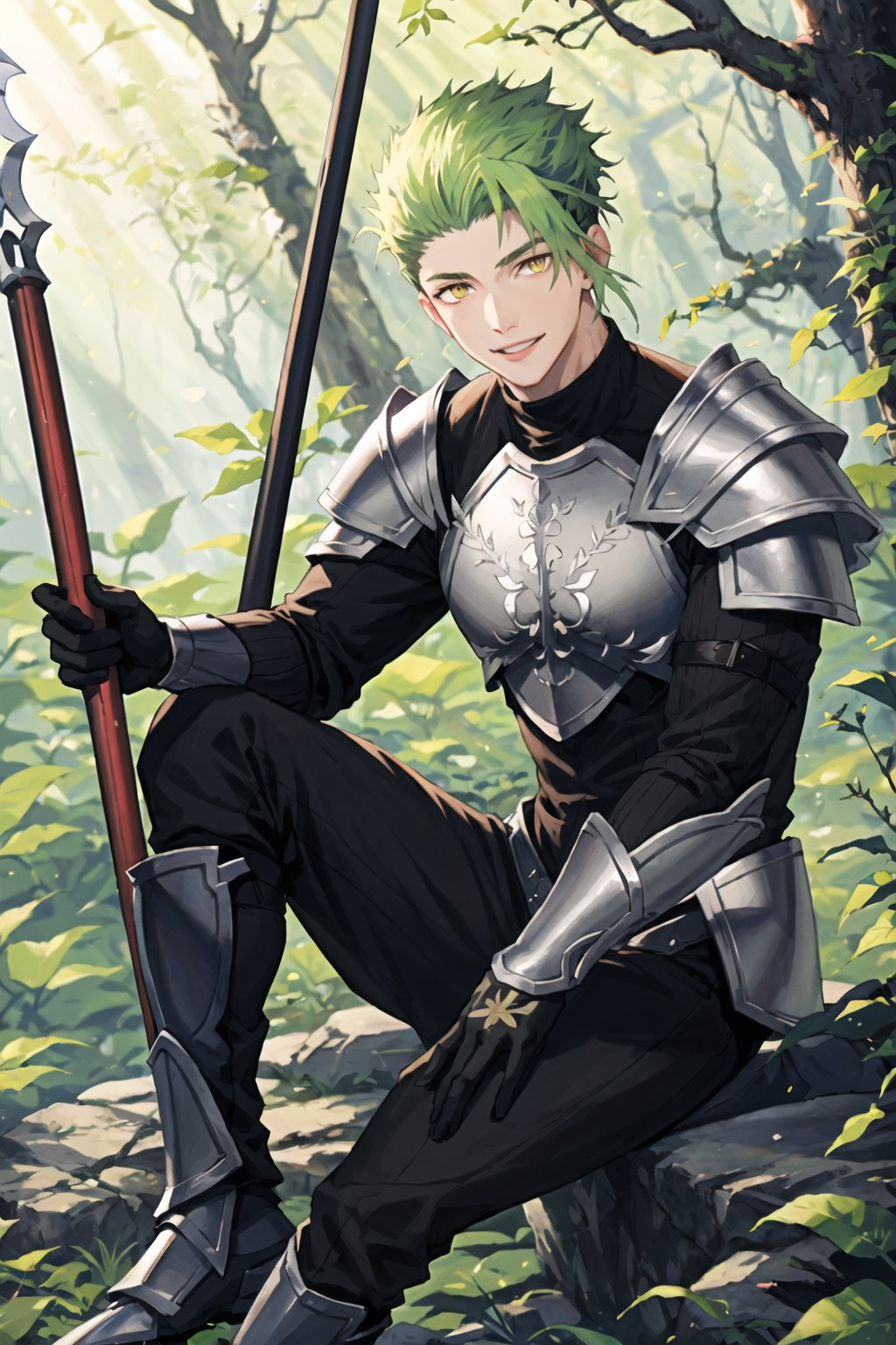 masterpiece, high definition, perfect quality,Vibrant,solo,smile,gloves,1boy,yellow eyes,weapon,male focus,green hair,holding weapon,armor,polearm,spear,in the background a forest, vibrant with vegetation, sitting on a rock,,good quality, perfect proportions, perfect hands, beautiful, 8k, beautiful eyes, perfect pupils, perfect pupil,1guy,anime,Achilles,fgo