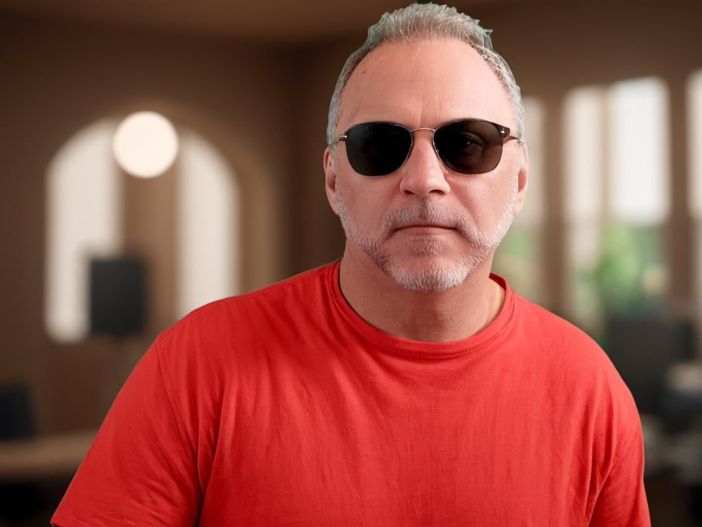 (((masterpiece))), ((Craig Severance wearing Ray Ban Sun glasses and a RED crew neck shirt with a fancy logo on the left side))), (facing the camera with a smile on his face), complex 3d render, intricate reflections, ultra-detailed, HDR, Hyperrealism, Panasonic Lumix s pro 50mm, 8K, octane rendering, raytracing, (((professional photography))), high definition, photorealism, hyper-realistic, bokeh, depth of field, dynamically backlit, studio, vibrant details, ((professional Color grading)), photorealistic,  <lora:more_details:1> <lora:Craig_Severance_Himself_V3:1>