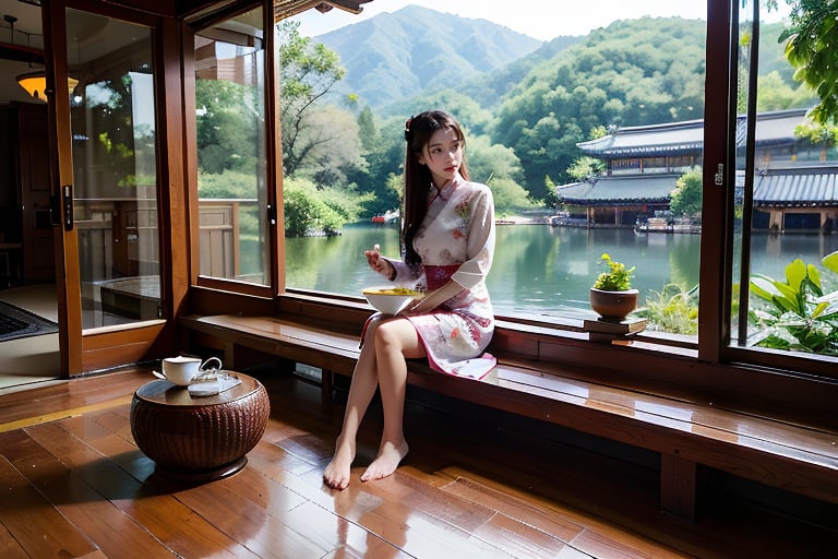 During the Republic of China, girls drank tea from porcelain cups in a teahouse, sitting on wooden chairs. Next to them, a lady in cheongsam played the pipa.full body