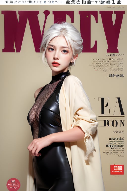 1girl, solo, upper body, white hair, lips, traditional media, reality, pop idol magazine, title font "New Lora Is Coming", attractive cover with beauty characters,jpop cover 80s,清末民初宮廷