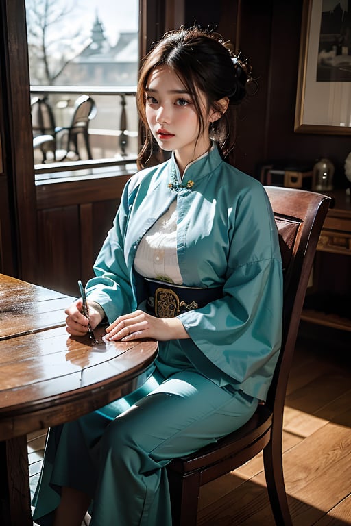 A woman wearing Qing Dynasty court dress sits on a wooden chair, indoors

(RAW photo, best quality), (realistic, photo-Realistic:1.3), best quality, masterpiece, beautiful and aesthetic, 16K, (HDR:1.4), high contrast, (vibrant color:1.4), (muted colors, dim colors, soothing tones:0), 
cinematic lighting, ambient lighting, sidelighting, Exquisite details and textures, cinematic shot, Warm tone, full body(Bright and intense:1.2), (masterpiece, top quality, best quality, official art, beautiful and aesthetic:1.2), 
hdr, high contrast, wideshot(highly detailed skin: 1.2),
sun exposure,outdoor,tranquility,                                                               
Normal feets
No missing limbs,no Excessive text and watermark,民國