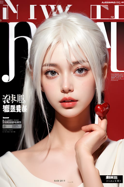 1girl, solo, upper body, white hair, lips, traditional media, reality, pop idol magazine, title font "New Lora Is Coming", attractive cover with beauty characters,jpop cover 80s,清末民初宮廷