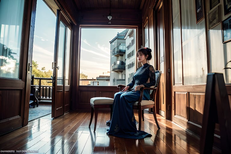 A woman wearing Qing Dynasty court dress sits on a wooden chair, indoors

(RAW photo, best quality), (realistic, photo-Realistic:1.3), best quality, masterpiece, beautiful and aesthetic, 16K, (HDR:1.4), high contrast, (vibrant color:1.4), (muted colors, dim colors, soothing tones:0), 
cinematic lighting, ambient lighting, sidelighting, Exquisite details and textures, cinematic shot, Warm tone, full body(Bright and intense:1.2), (masterpiece, top quality, best quality, official art, beautiful and aesthetic:1.2), 
hdr, high contrast, wideshot(highly detailed skin: 1.2),
sun exposure,outdoor,tranquility,                                                               
Normal feets
No missing limbs,no Excessive text and watermark,民國