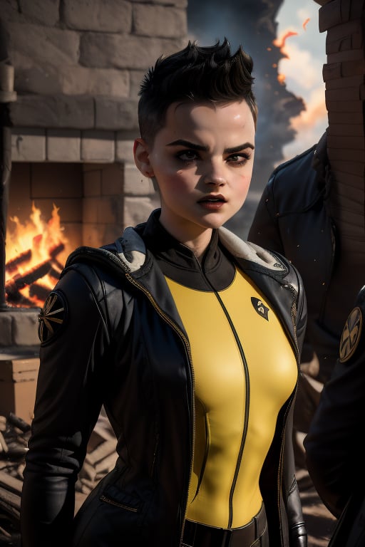 Negasonic, a beautiful young woman of 21 years of age. With a tomboy aesthetic. muscular body. Short black hair, dark eyes, hard face. she is wearing a black jacket. she wears a rebellious girl outfit. In the background the fire everywhere. 1girl, Negasonic, sciamano240, fantasy style background