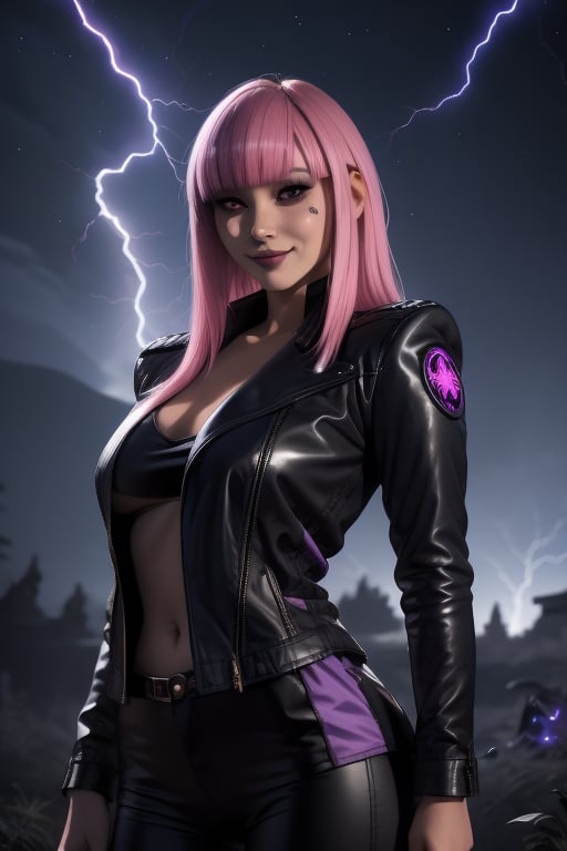 Yukio, a beautiful young woman of 19 years old. rebellious aesthetics. Long pink hair, long purple hair, dark eyes, happy face. she is wearing a black jacket. she wears a rebellious girl outfit. In the background hundreds of blue lightning bolts shine in the night sky. sciamano240, fantasy style background, 1girl, Yukio